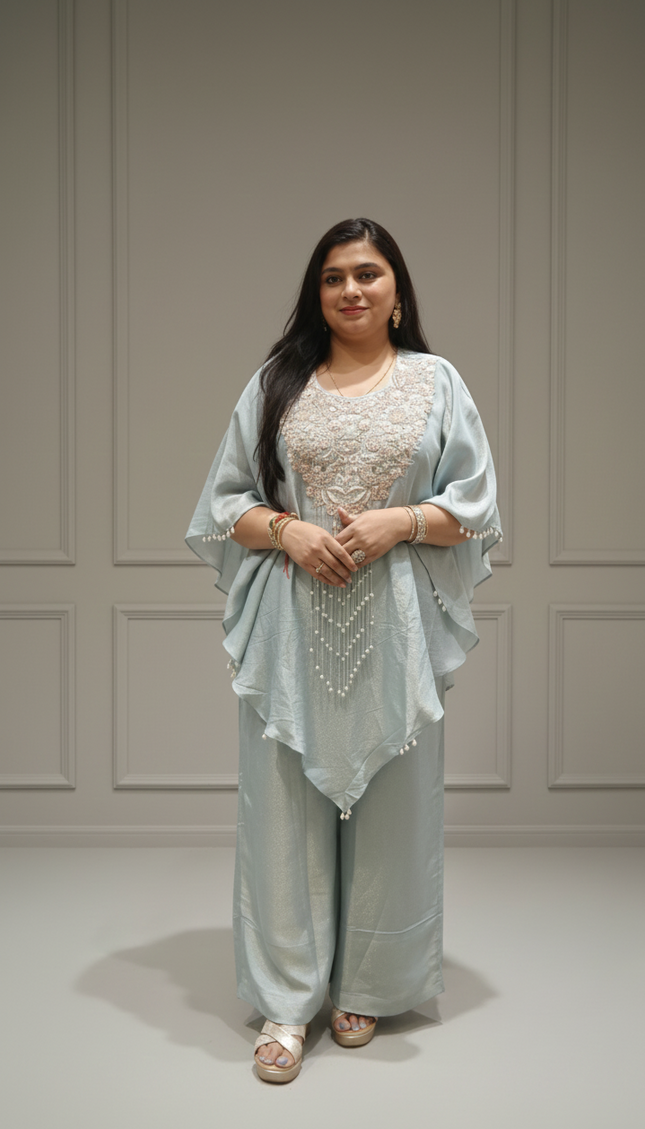 Sea Blue Tissue & Twill Net Indo-Western Co-Ord Set