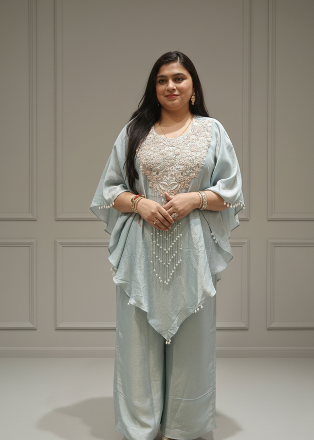 Sea Blue Tissue & Twill Net Indo-Western Co-Ord Set