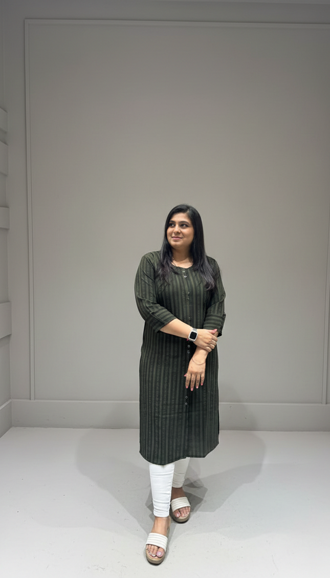 Dark Olive Green Printed Kurti in Cotton – Classic Everyday Wear