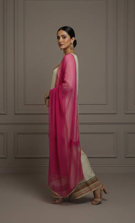 Ivory Embroidered Sharara Set with Hot Pink Dupatta