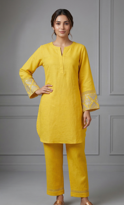 Fabniq Mustard Charm Embroidered Kurti Set