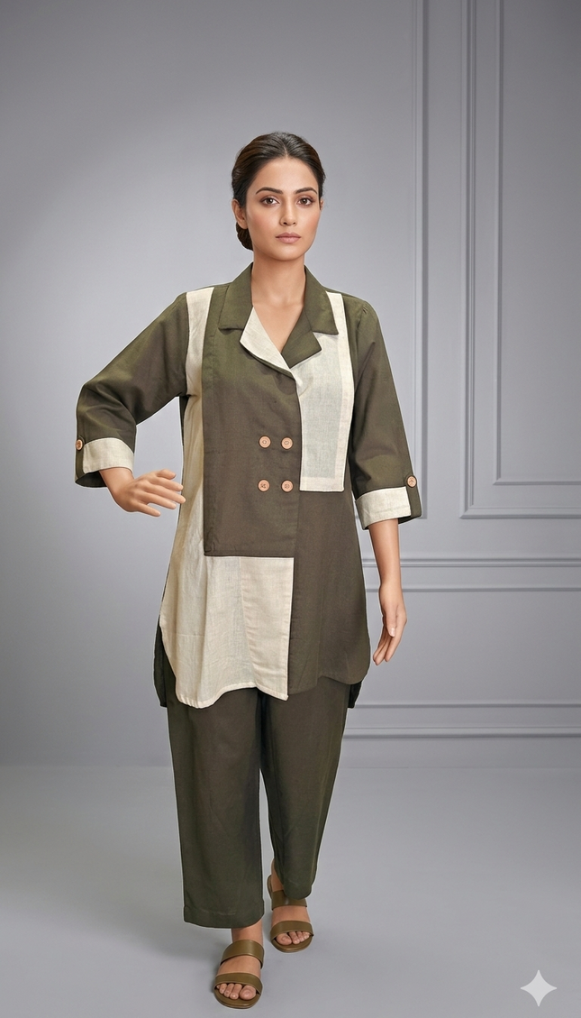The Olive & Cream Cotton Color-Block Co-ord Set