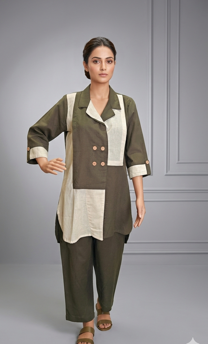 The Olive & Cream Cotton Color-Block Co-ord Set