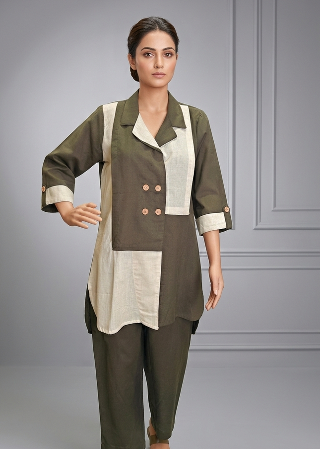 The Olive & Cream Cotton Color-Block Co-ord Set