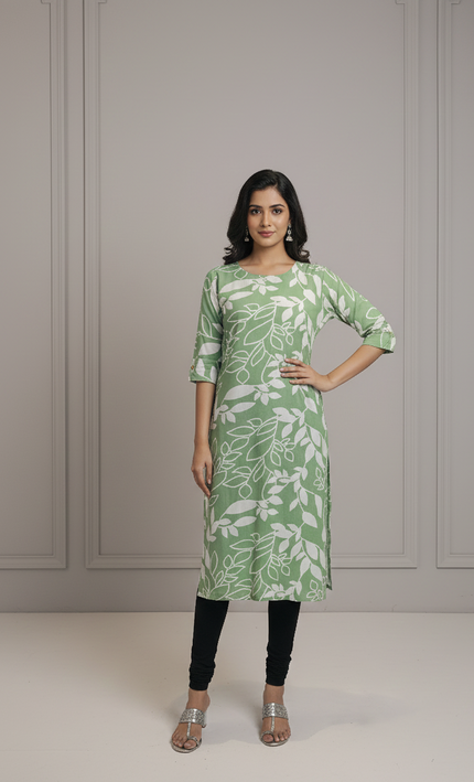 Mint Green Floral Printed Cotton Kurti – Fresh & Breezy Everyday Wear