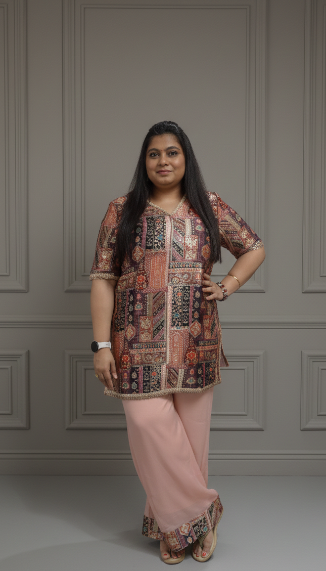 Boho Chic Printed Cord Set in Peach & Multi-Color