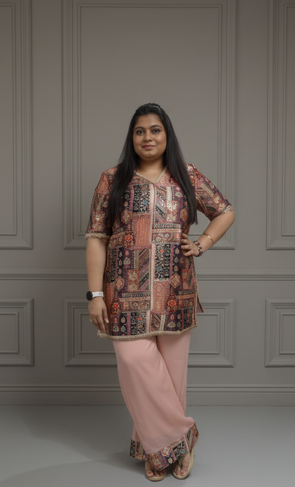 Boho Chic Printed Cord Set in Peach & Multi-Color