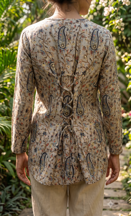 Dark Blue Mul Chanderi Pasely Print Short Top with Back String For Women