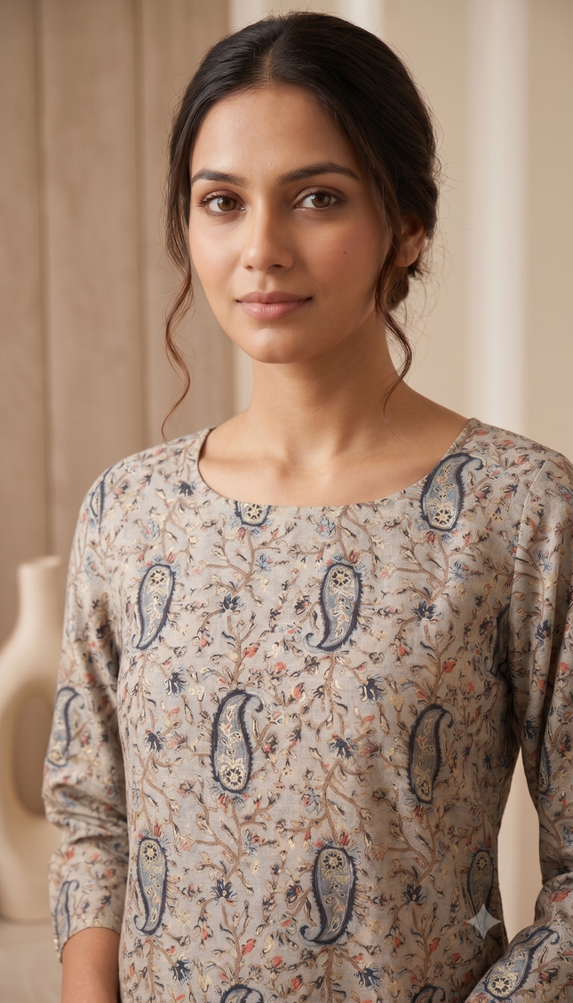 Dark Blue Mul Chanderi Pasely Print Short Top with Back String For Women