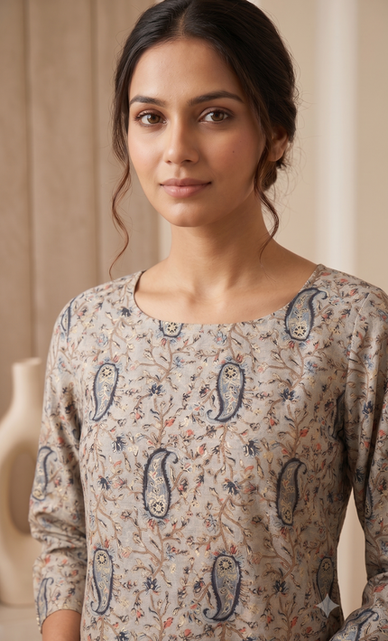 Dark Blue Mul Chanderi Pasely Print Short Top with Back String For Women