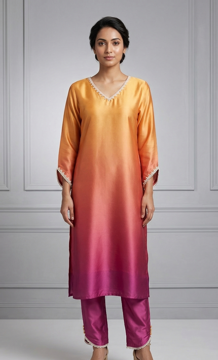 Sun Set Ombre Silk Kurta Pant Set with Pearls