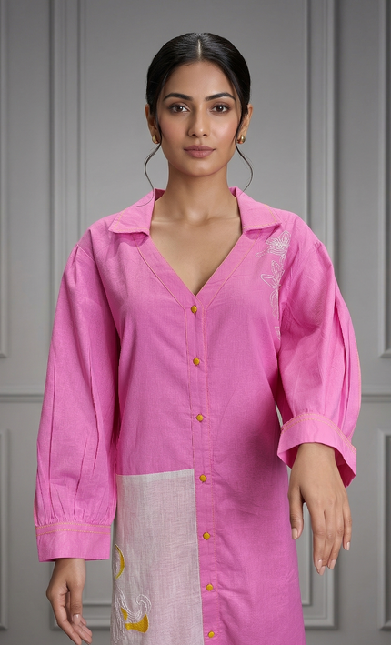 Pink Embroidered Flared Dress