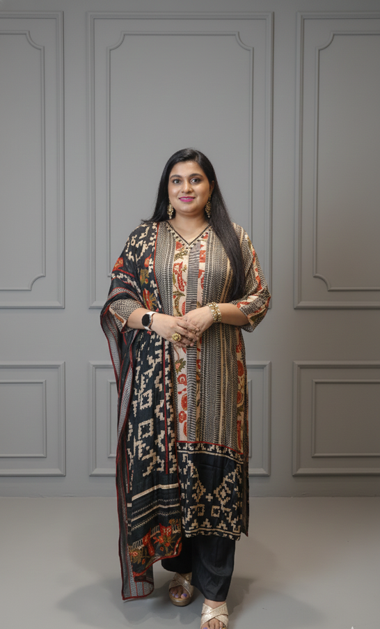 Digital Print and Embroidered Black 3 Piece Suit for Women