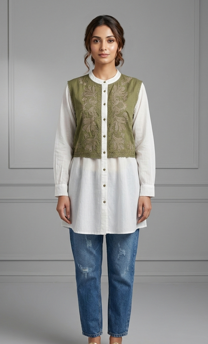 Olive Bloom Embroidered Kurti