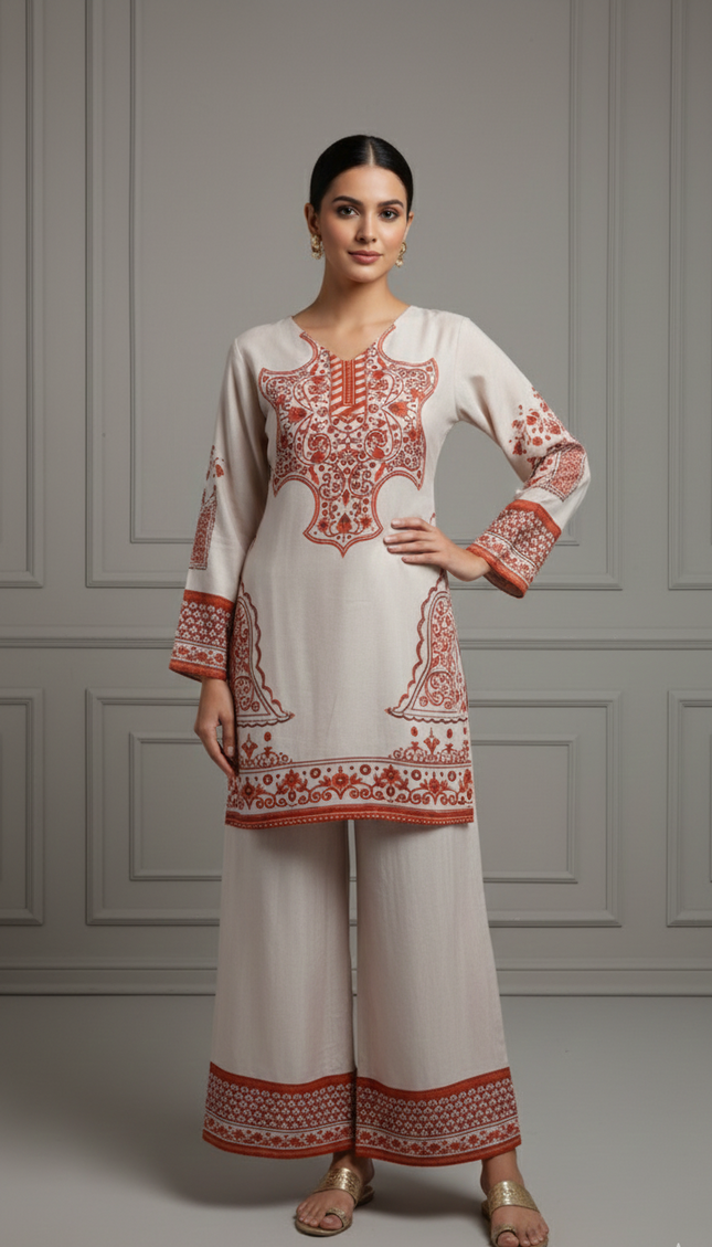 Cream & Red Digital Print Co-Ord Set for Women