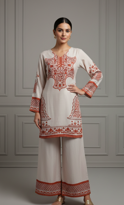 Cream & Red Digital Print Co-Ord Set for Women
