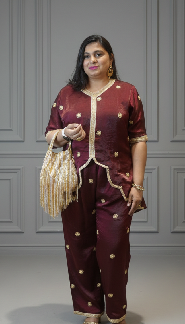 Maroon Butti Embroidered Kurta Set | Festive Ethnic Wear for Women