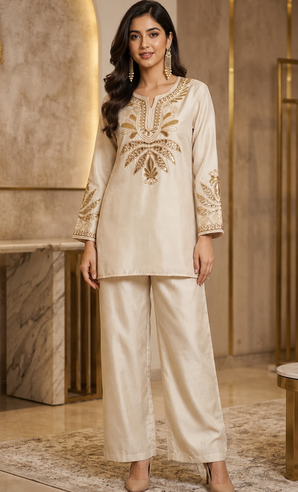 Shimmer Cream Premium Fabric Coord Set With Embroidery For Women