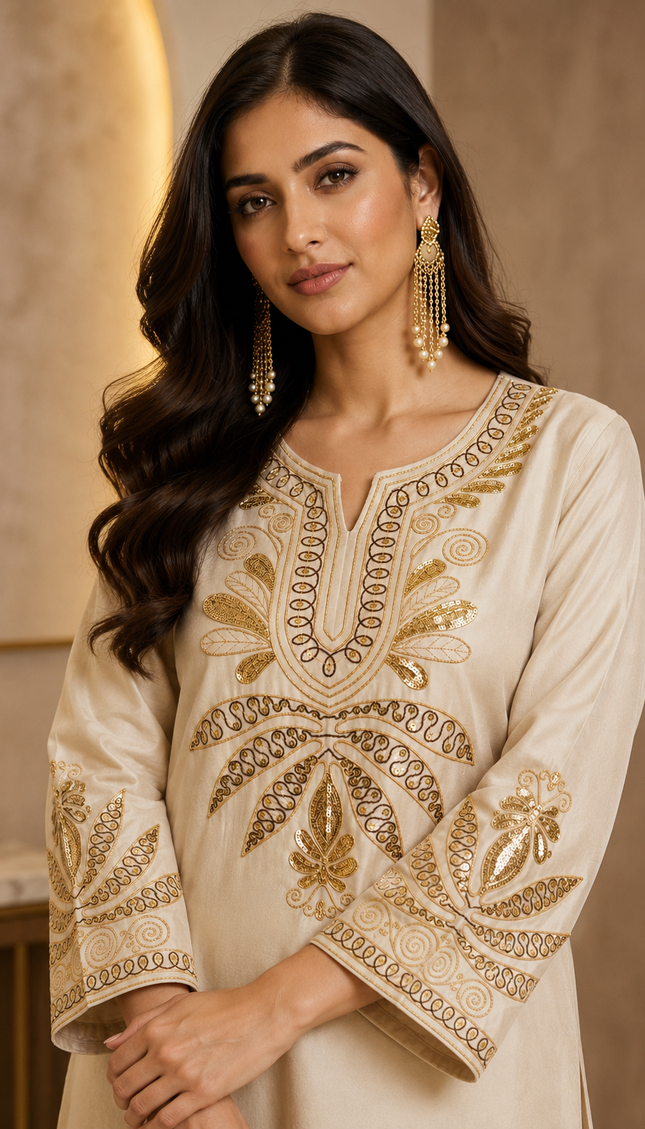 Shimmer Cream Premium Fabric Coord Set With Embroidery For Women