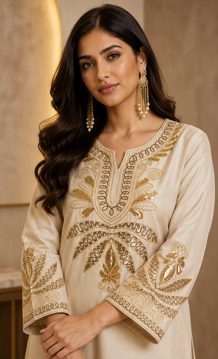 Shimmer Cream Premium Fabric Coord Set With Embroidery For Women