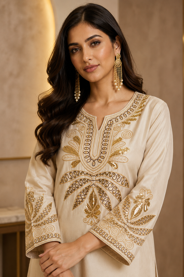 Shimmer Cream Premium Fabric Coord Set With Embroidery For Women