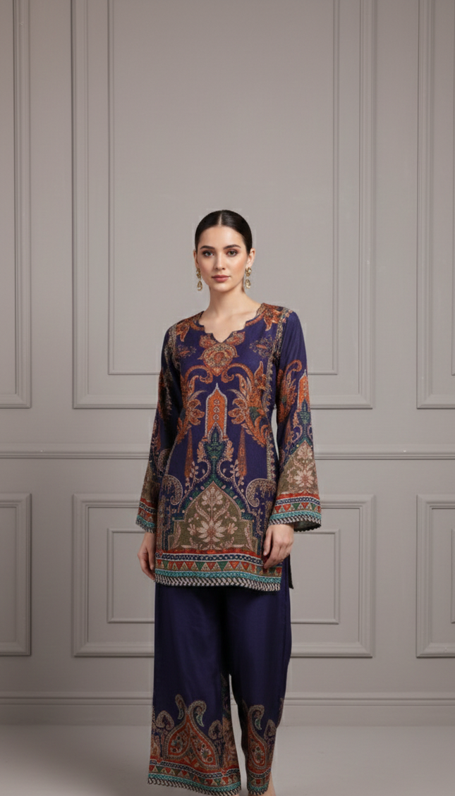 Navy Blue Digital Print Co-Ord Set for Women