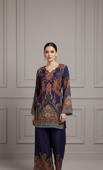 Navy Blue Digital Print Co-Ord Set for Women