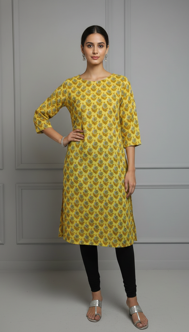 Golden Petals Printed Cotton Kurti – Soft Grace with a Burst of Yellow