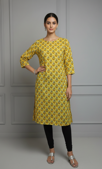 Golden Petals Printed Cotton Kurti – Soft Grace with a Burst of Yellow