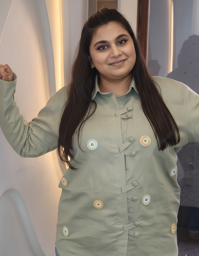 Sage Green Embellished Tie-Up Top – Soft Sophistication Meets Playful Detailing