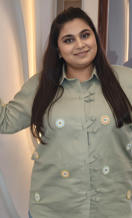 Sage Green Embellished Tie-Up Top – Soft Sophistication Meets Playful Detailing