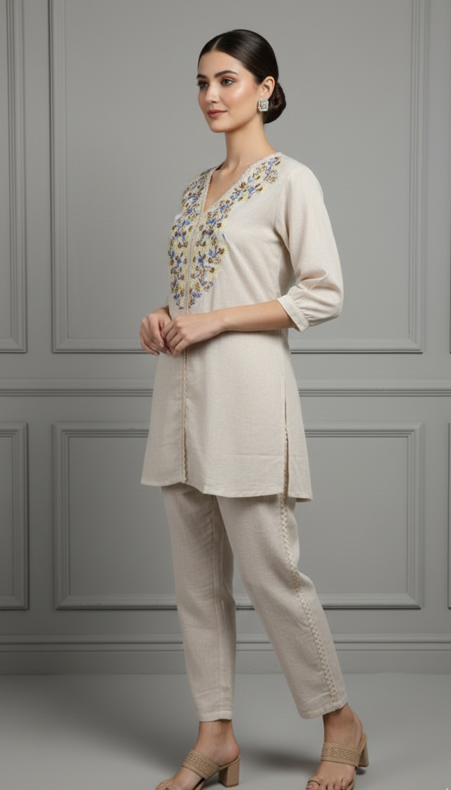 Cream Embroidered Co-Ord Set for Women