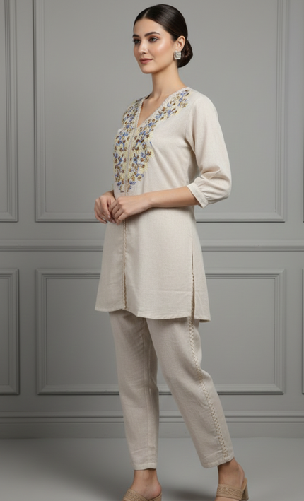 Cream Embroidered Co-Ord Set for Women