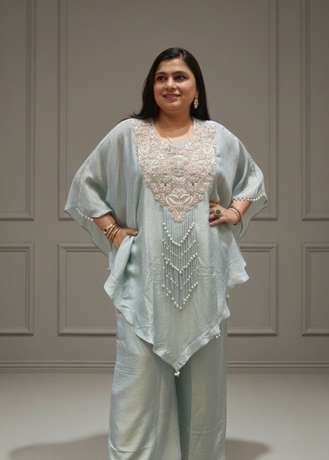 Sea Blue Tissue & Twill Net Indo-Western Co-Ord Set