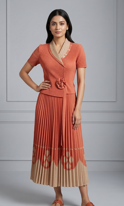 Coral Grace Pleated Dress