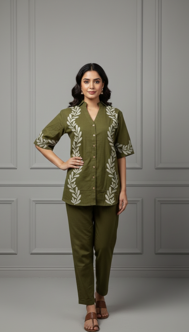 Mehandi Green Embroidered Co-Ord Set for Women