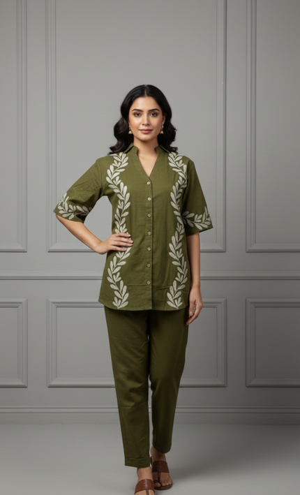 Mehandi Green Embroidered Co-Ord Set for Women