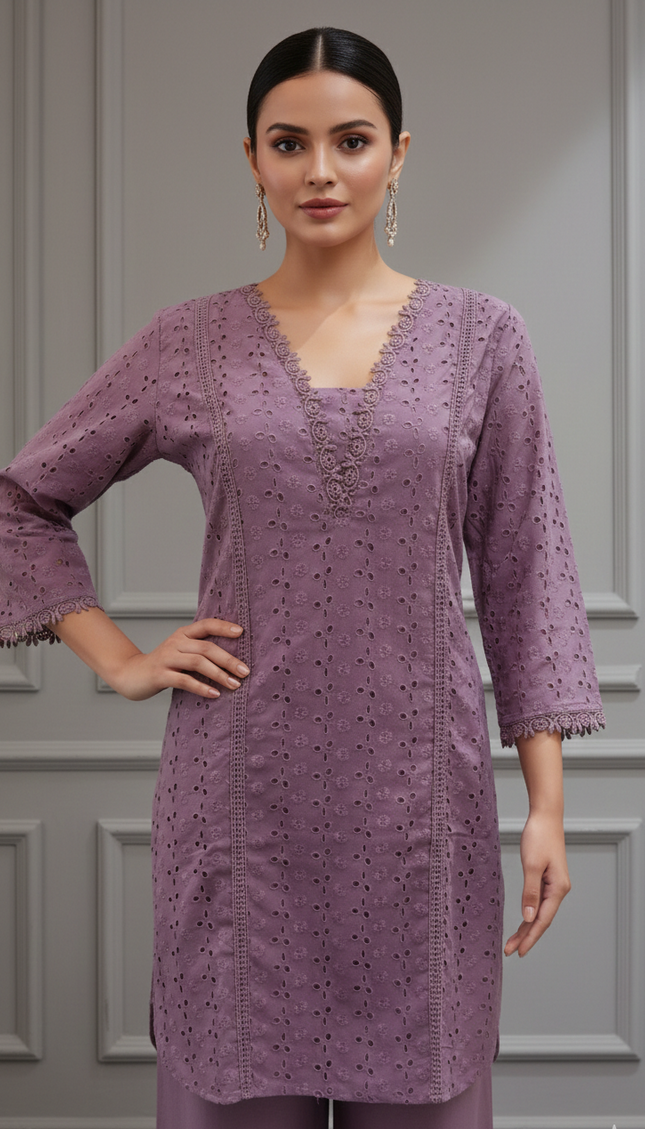 Purple Cutwork Embroidered Co-Ord Set for Women