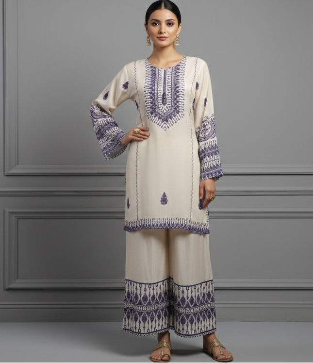 Cream & Blue Digital Print Co-Ord Set for Women