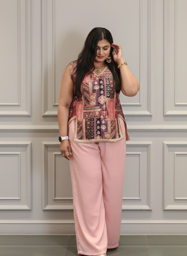 Sleeveless Boho Vibe Cord Set in Peach & Tribal Print