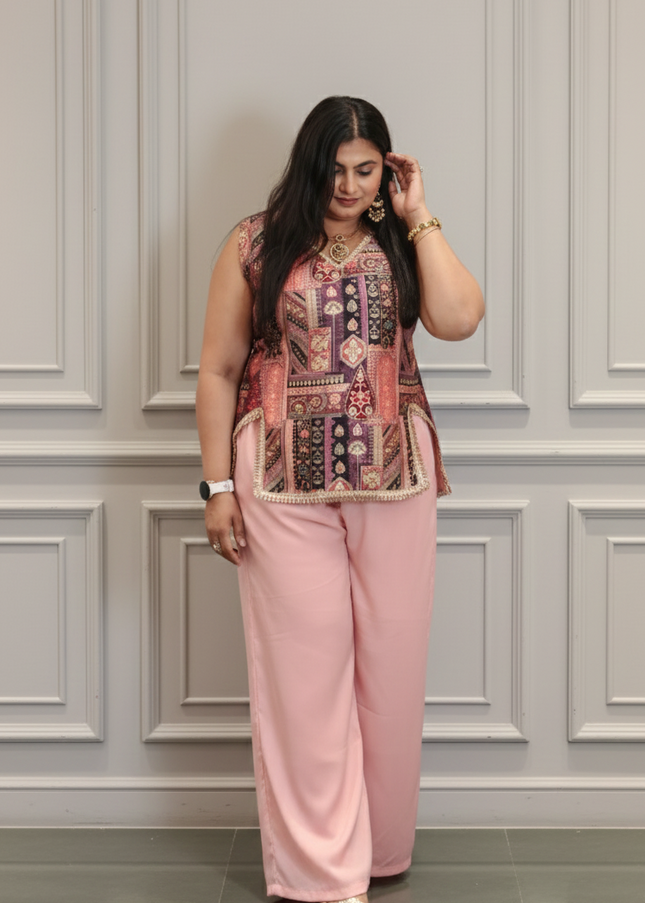 Sleeveless Boho Vibe Jacquard Cord Set in Peach