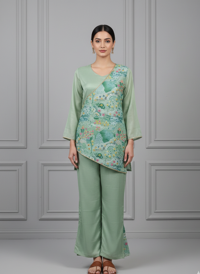 Pastel Green Draped Floral Co-ord Set