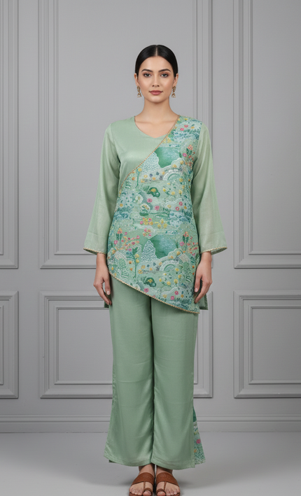 Pastel Green Draped Floral Co-ord Set