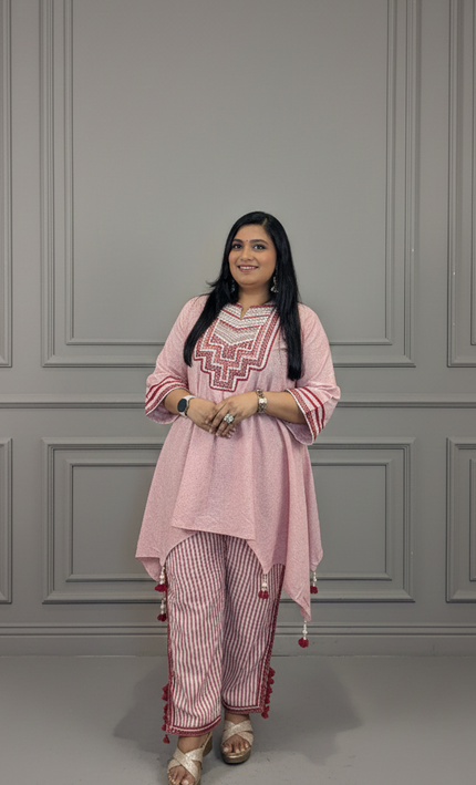 Peach & Maroon Tassel Detail Co-ord Set for Women