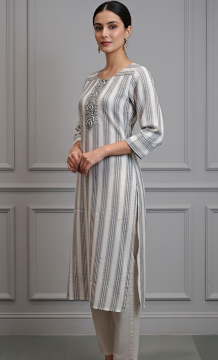 Elegant Striped Cream & Grey Cotton Kurta Set