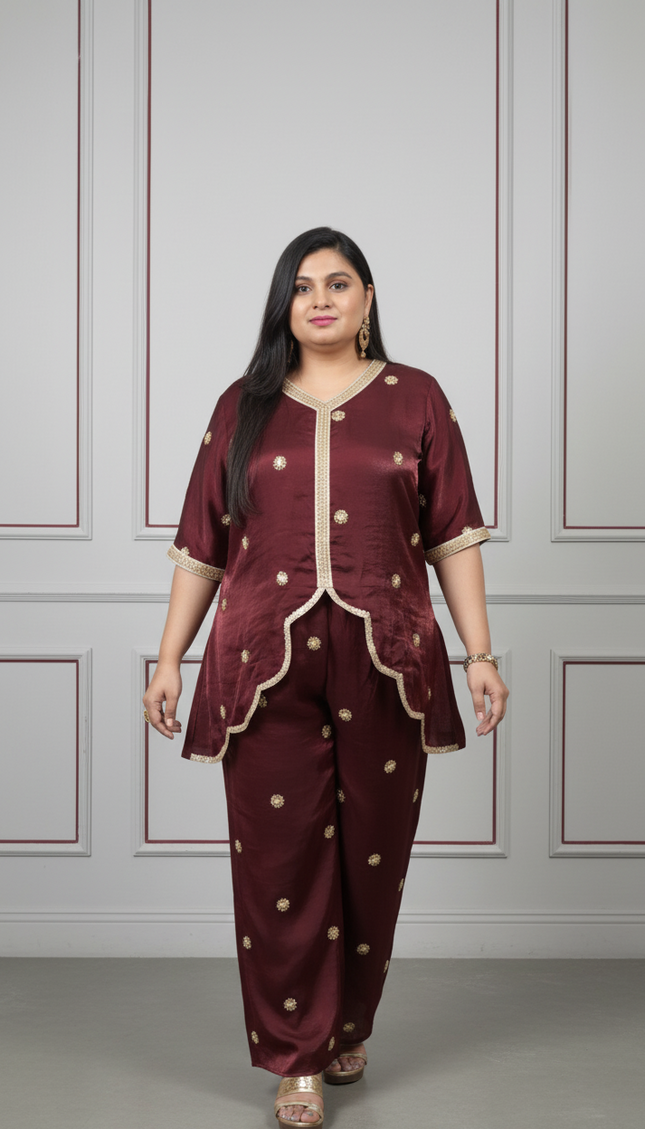 Maroon Butti Hand Embroidered Indo Western Wear for Women