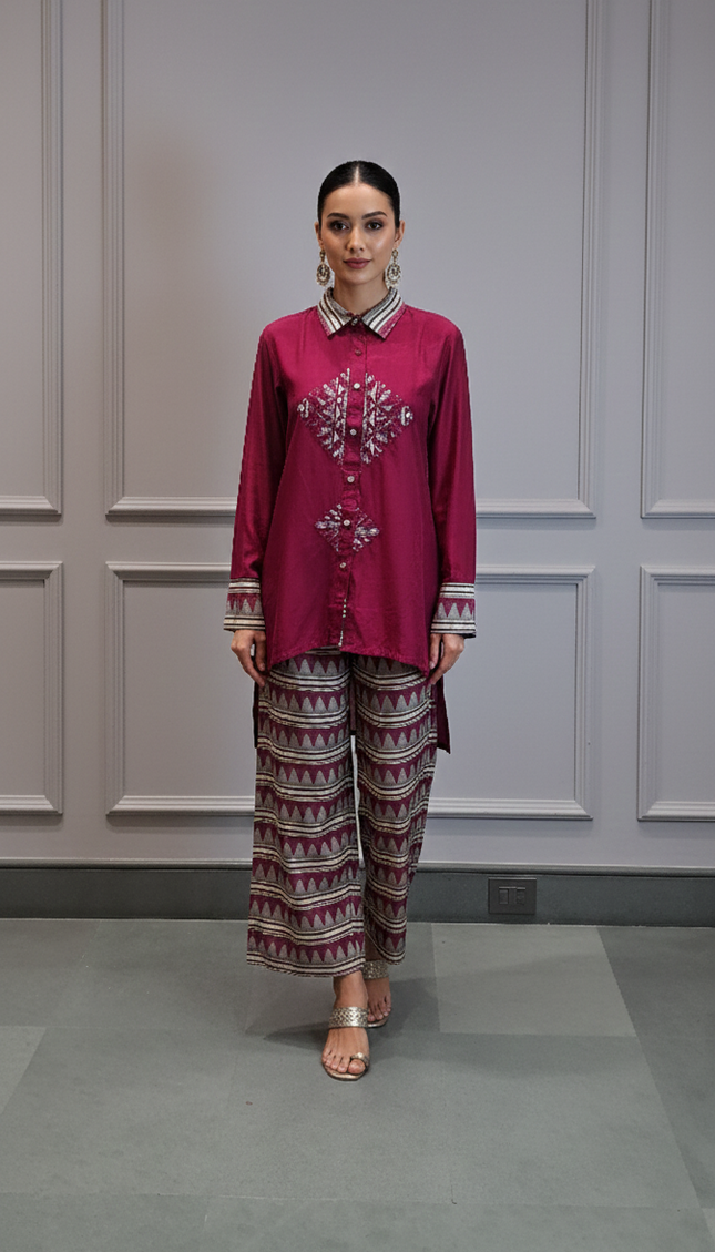 Magenta Tribal-Inspired Embroidered Co-ord Set