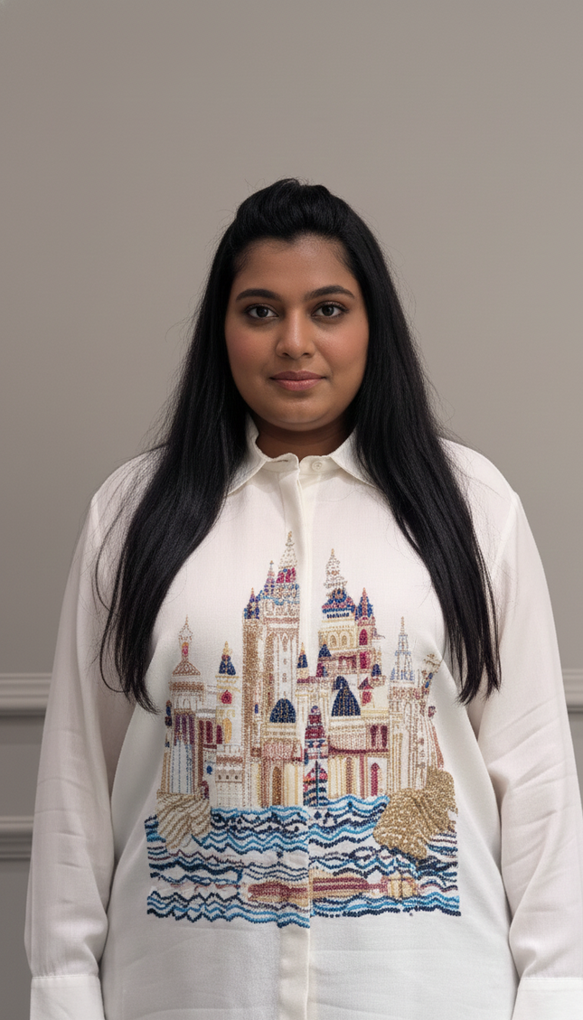 White Printed Oversized Shirt with Navy Blue Pants – Urban Casual Set