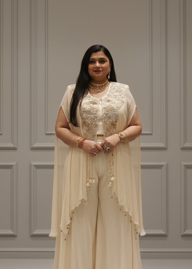 Off-White Tissue & Twill Net Indo-Western Co-Ord Set