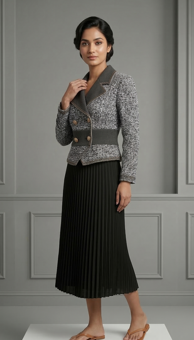 Monochrome Pleated Jacket Dress